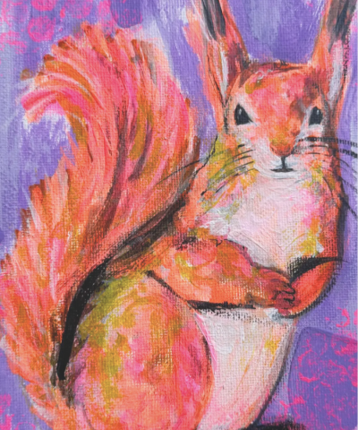 Postkarte: kleines Eichhörnchen in Lila
