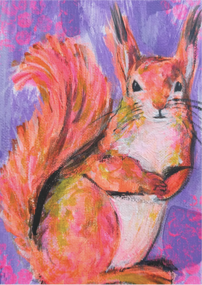 Postkarte: kleines Eichhörnchen in Lila