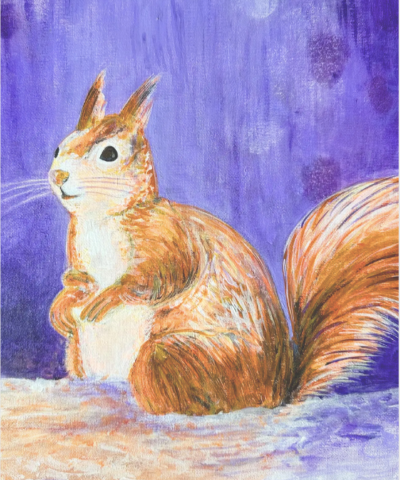 Postkarte: Eichhörnchen in Lila Landschaft