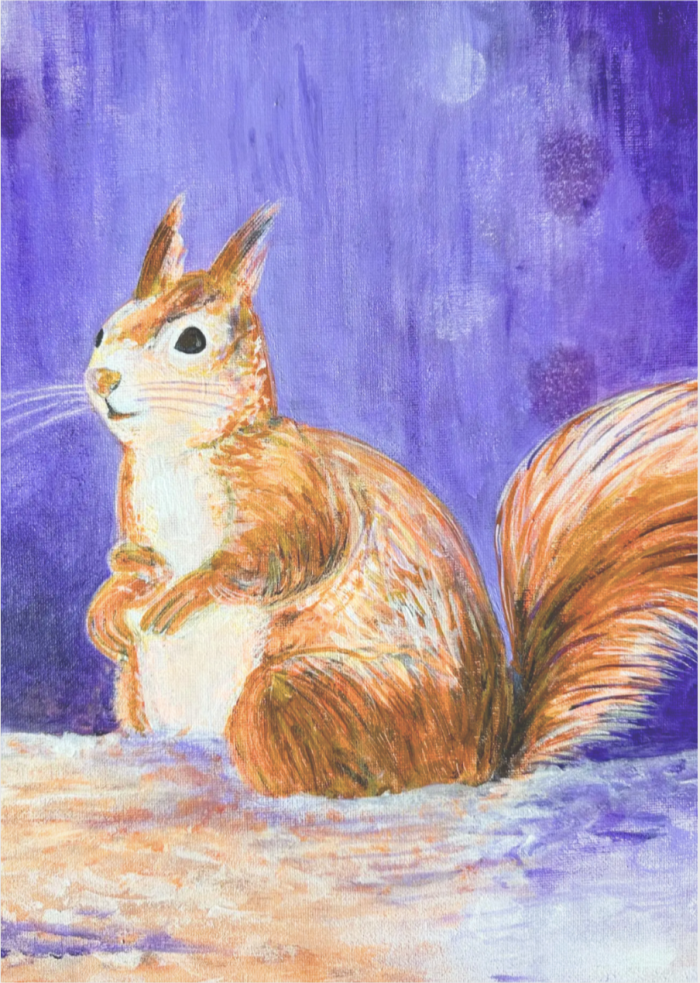 Postkarte: Eichhörnchen in Lila Landschaft