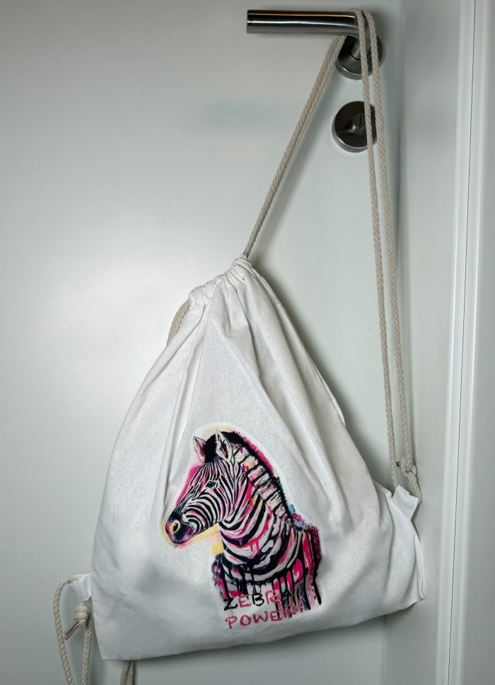 Oeko-TEX® geprüfter Weißer Baumwoll Turnbeutel - Zebra