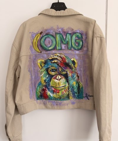 Baige Jeansjacke mit bunten Affen