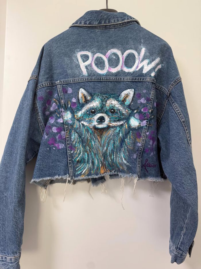 Denim Kurz-Jeansjacke mit Waschbär