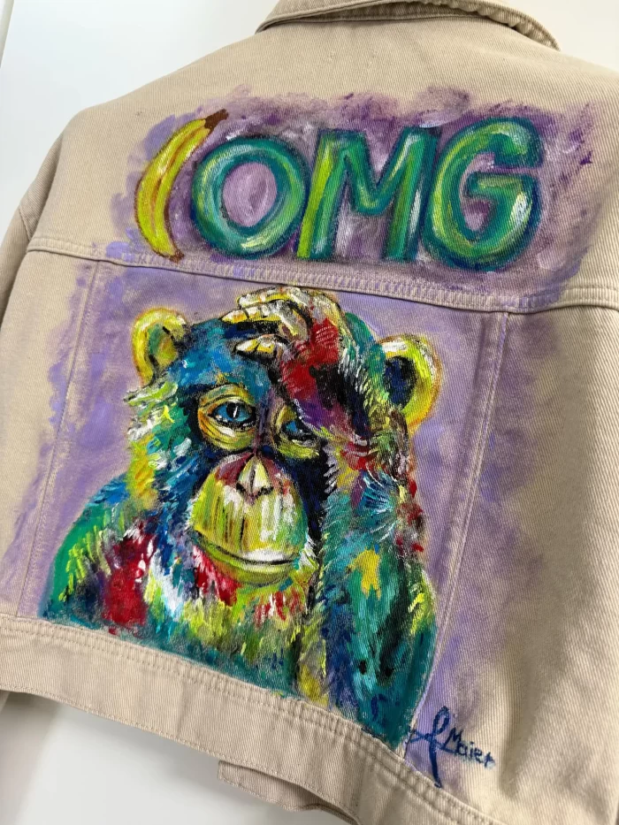 Baige Jeansjacke mit bunten Affen – Bild 3