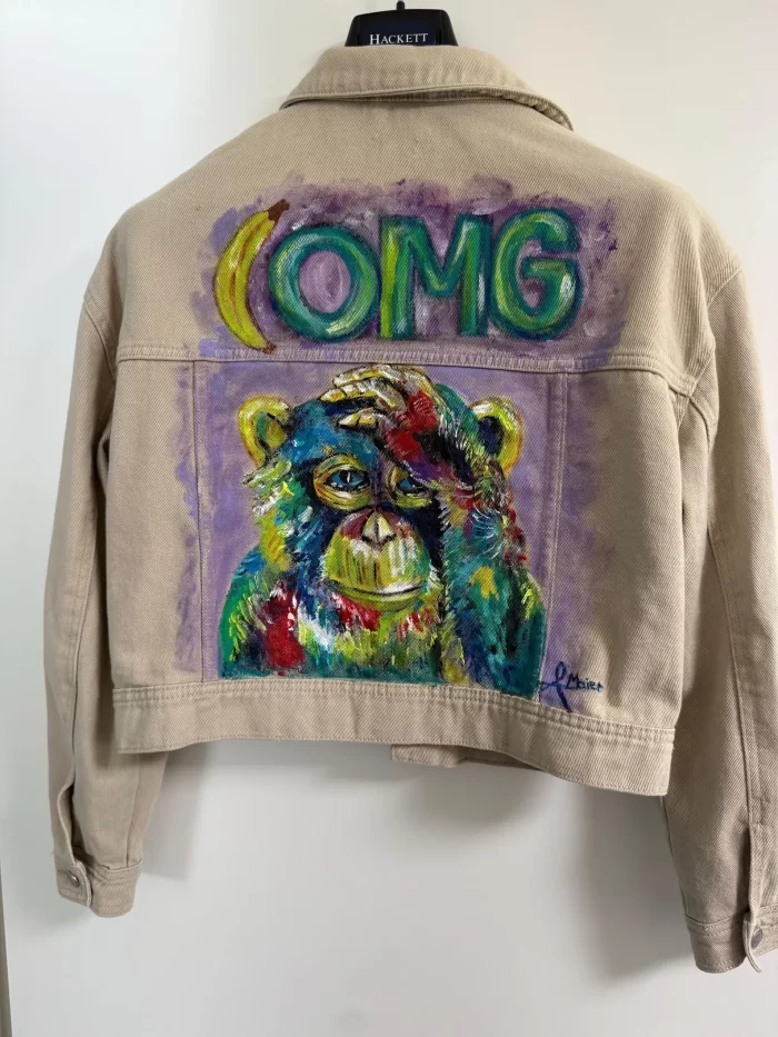 Baige Jeansjacke mit bunten Affen