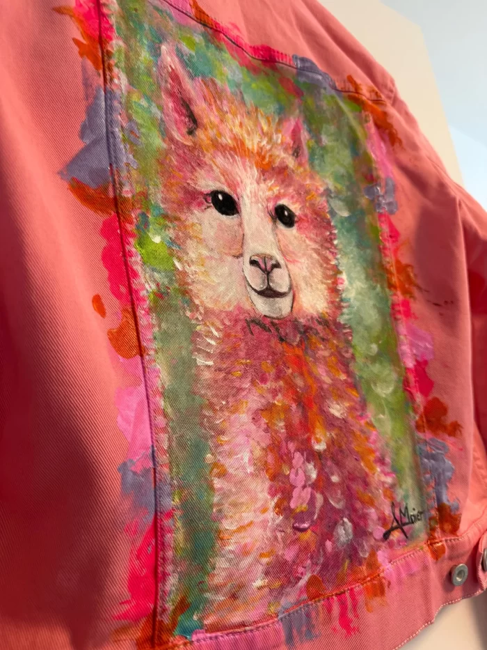 Pink/Rosa Jeansjacke mit buntem Alpaka – Bild 3