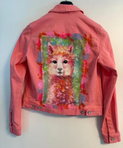 Pink/Rosa Jeansjacke mit buntem Alpaka