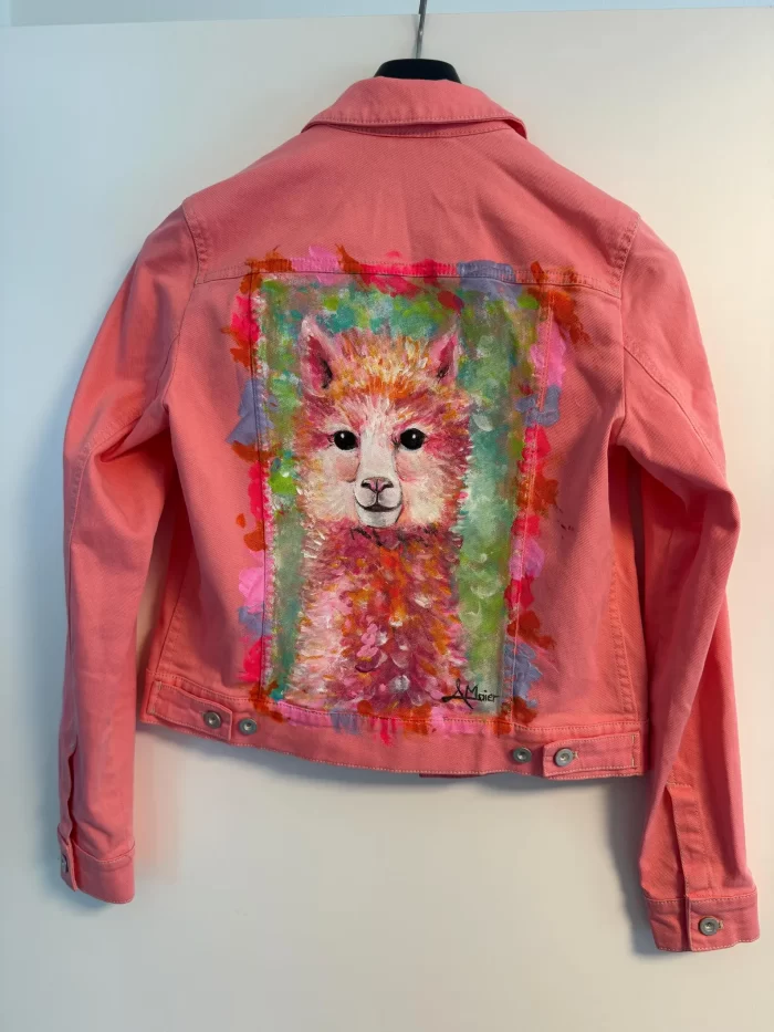 Pink/Rosa Jeansjacke mit buntem Alpaka