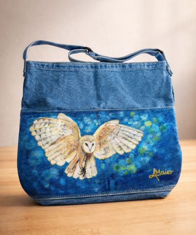 Großer Damen Shopper in Denim - Bemalt: Schleiereule