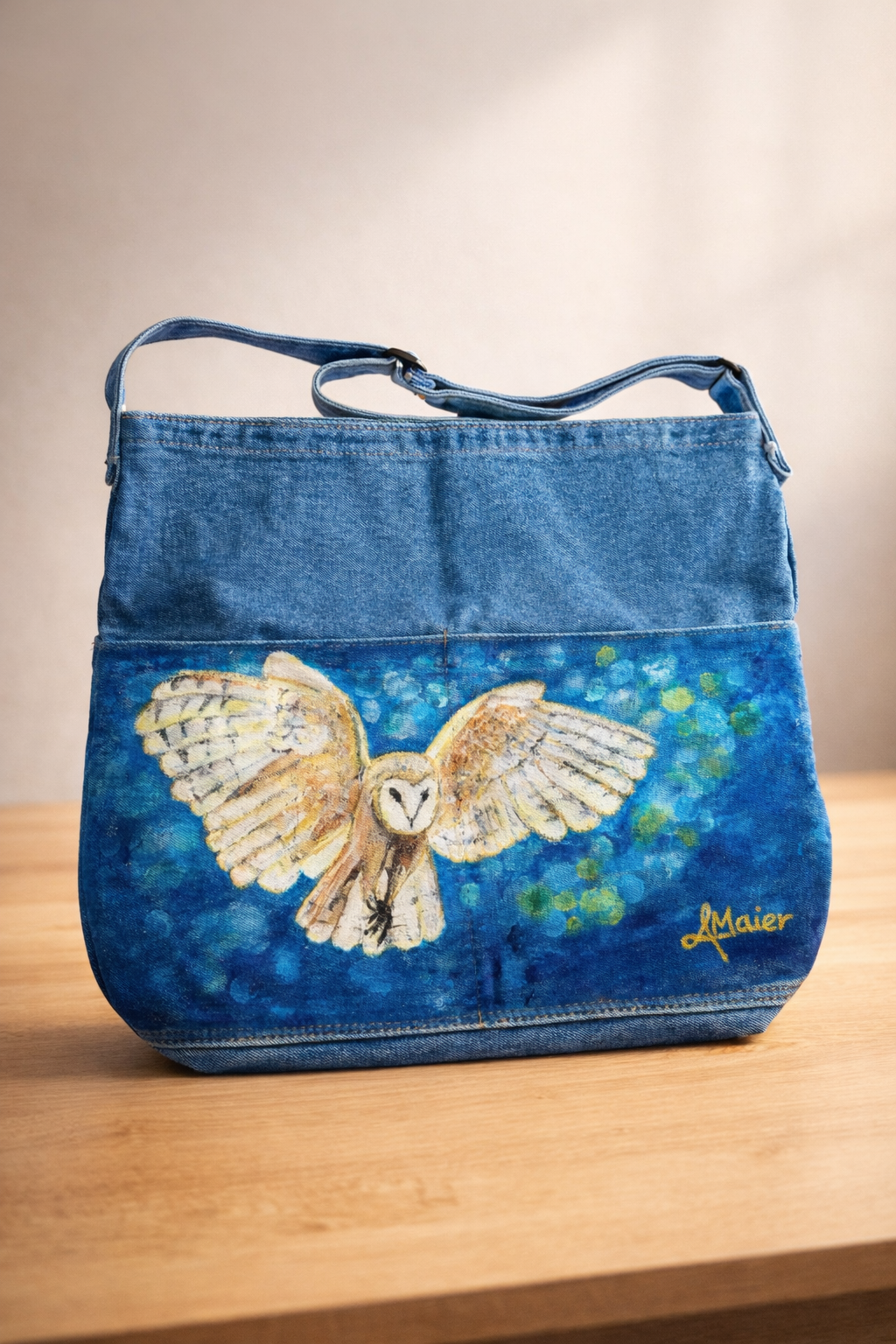 Großer Damen Shopper in Denim - Bemalt: Schleiereule