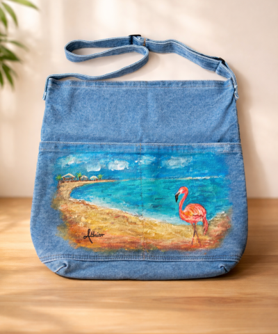 Großer Damen Shopper in Denim - Bemalt: Flamingo