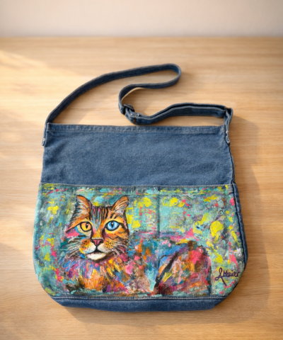 Großer Damen Shopper in Denim - Bemalt: Colorful Cat