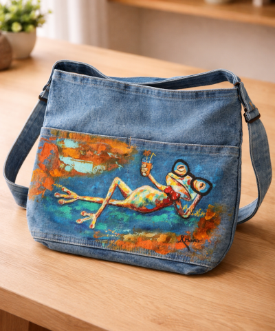 Großer Damen Shopper in Denim - Bemalt: Partyfrosch