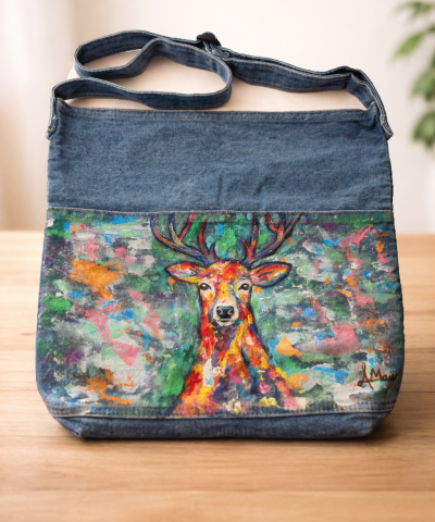 Großer Damen Shopper in Denim - Bemalt: Colorful Deer