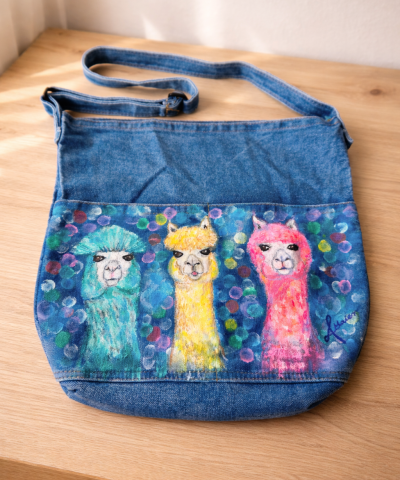 Großer Damen Shopper in Denim - Bemalt: Colored Alpakas