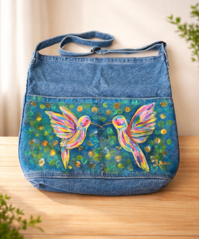 Großer Damen Shopper in Denim - Bemalt: Colibri Love