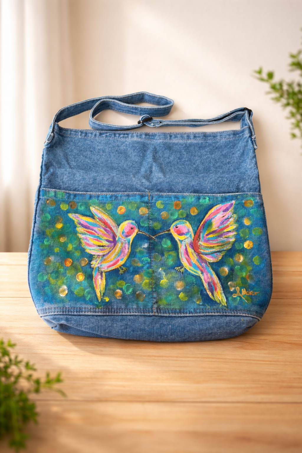 Großer Damen Shopper in Denim - Bemalt: Colibri Love