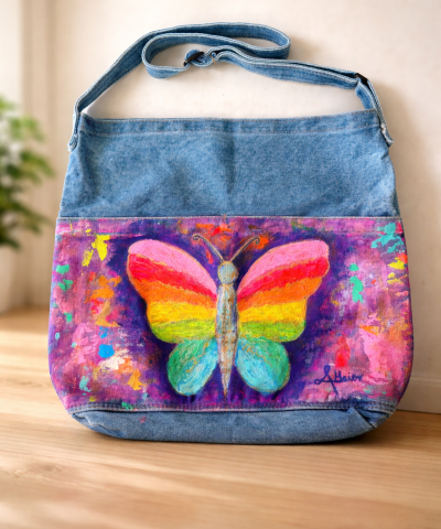 Großer Damen Shopper in Denim - Bemalt: Butterfly