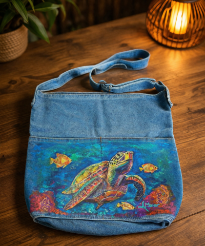 Großer Damen Shopper in Denim - Bemalt: Schildkröte